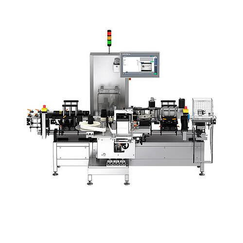 High throughput rate of up to 600 pcs/min (300 pcs/min is standard) Serialization Pharma TQS-Bottle front view
